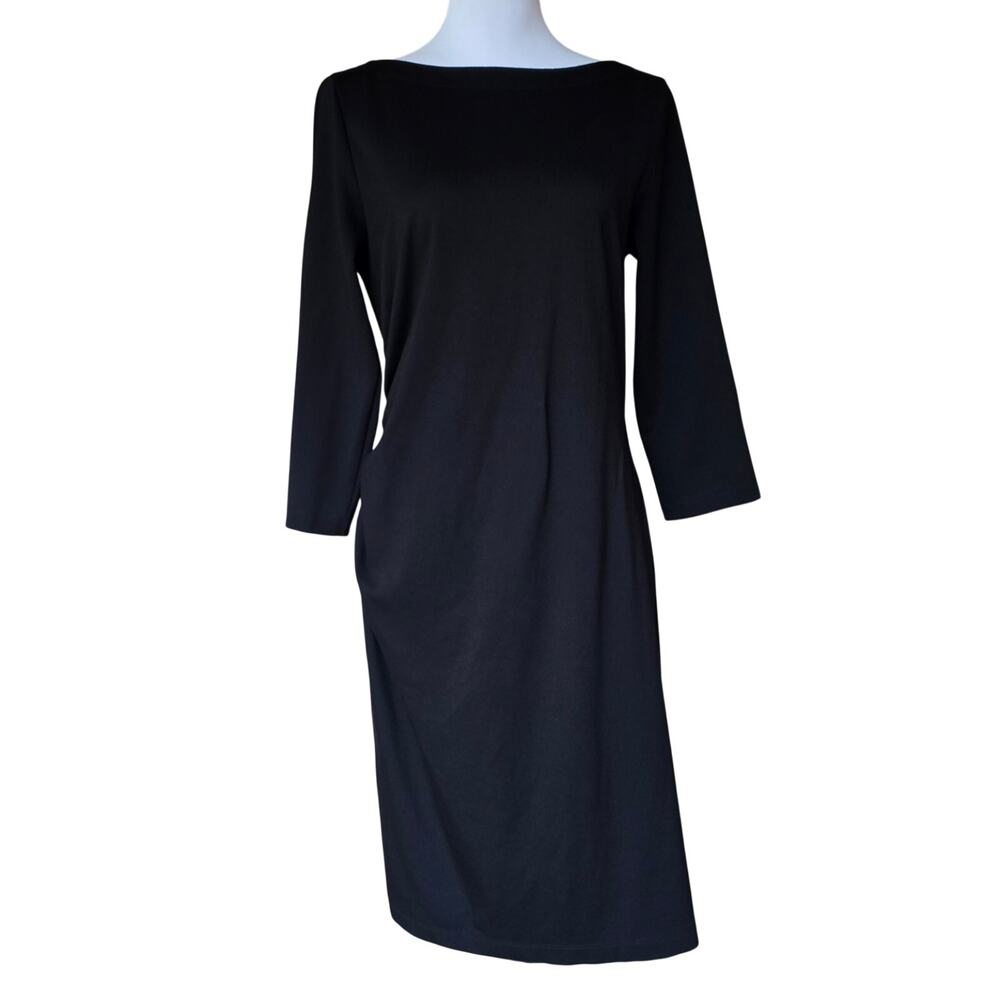 J. McLaughlin Sarra Dress Size L Black Stretch Boatneck Crop Sleeve Ruched Side